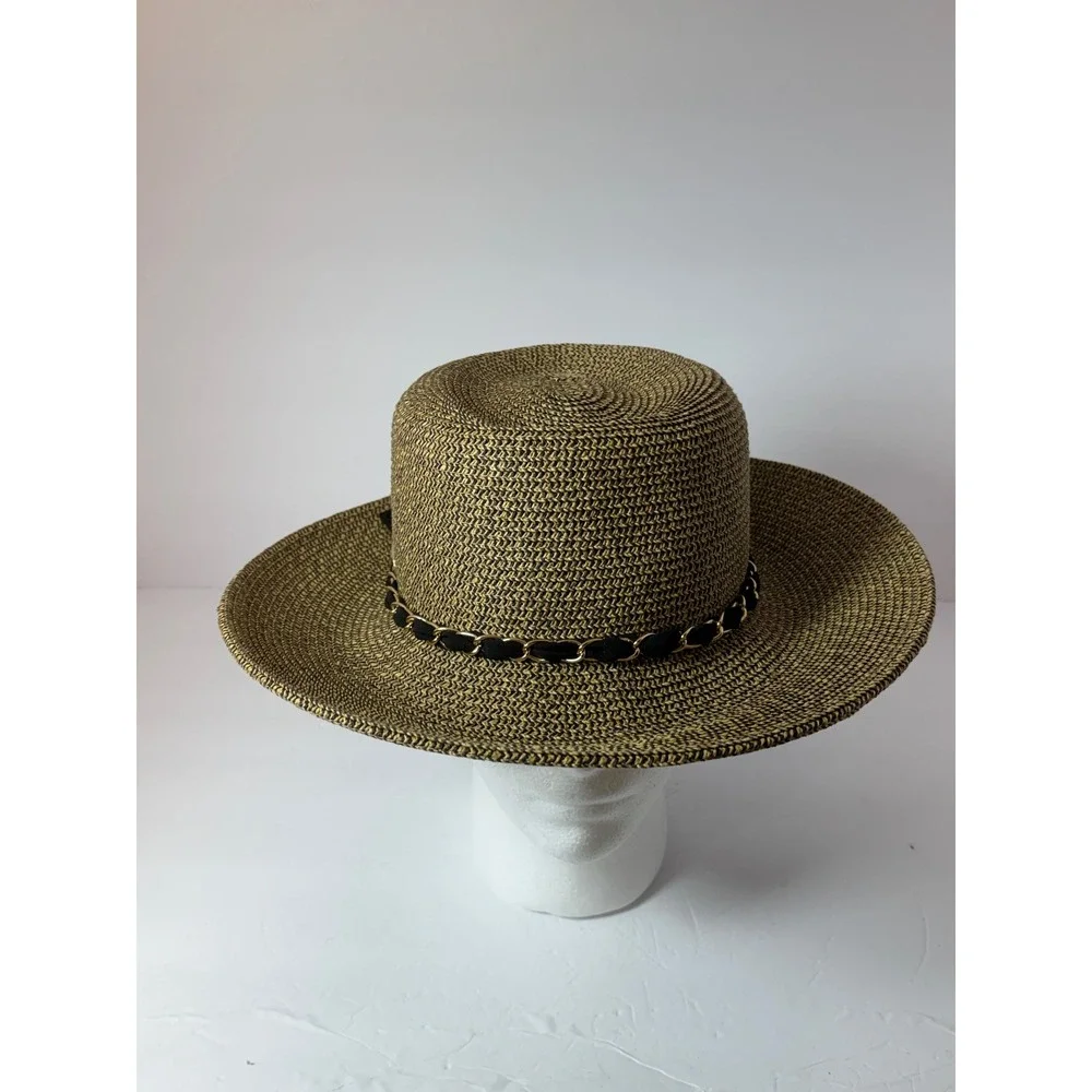 Sun N Sand Womens Wide Brim Straw Hat UPF 50+ Black Tan Gold Chain Bow Accent